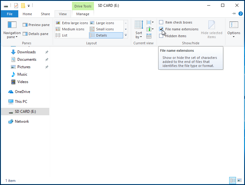 Screenshot of hovering the "File name extensions" checkbox on Windows 10