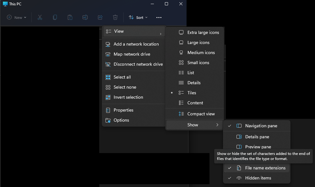 Screenshot of hovering the "File name extensions" checkbox on Windows 11