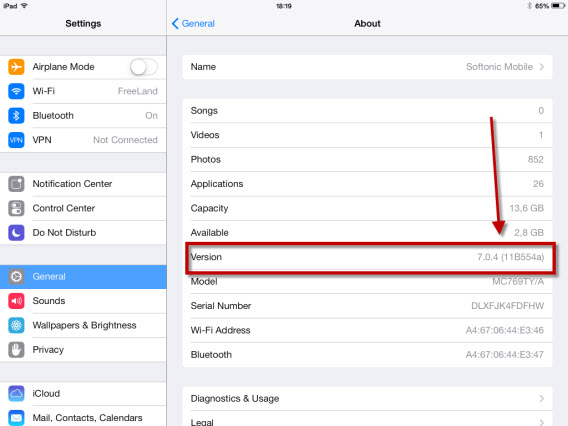 Finding your iOS version on an iPad