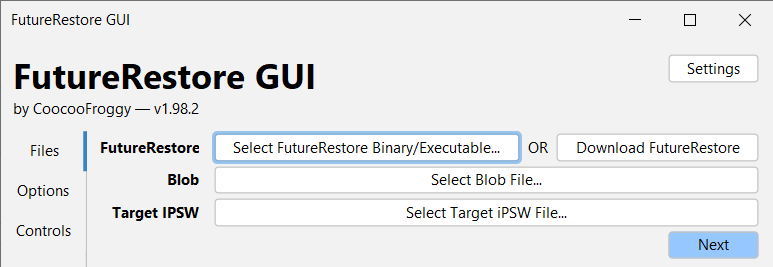 FutureRestoreGUI main screen
